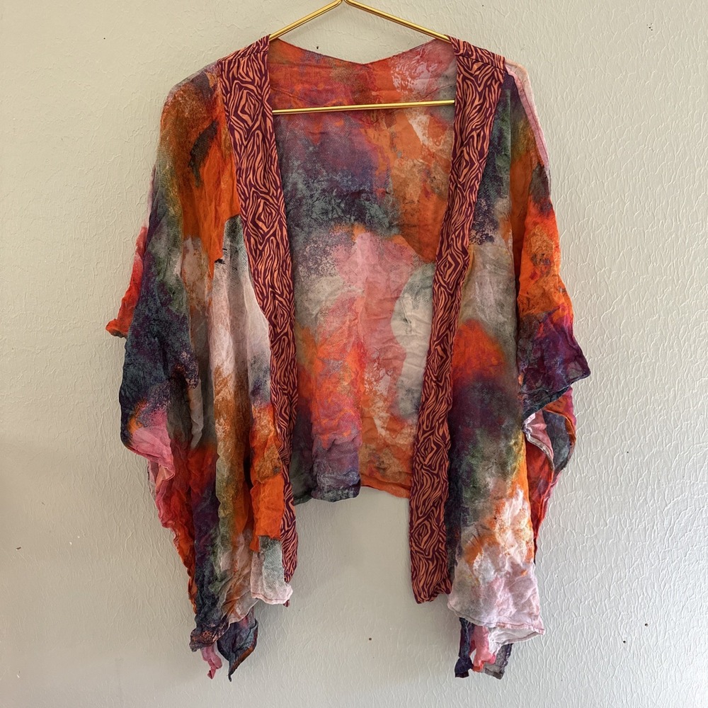 Soft Surroundings Rainbow Cardigan Kimono Topper Sz O/S Abstract Artsy Sheer